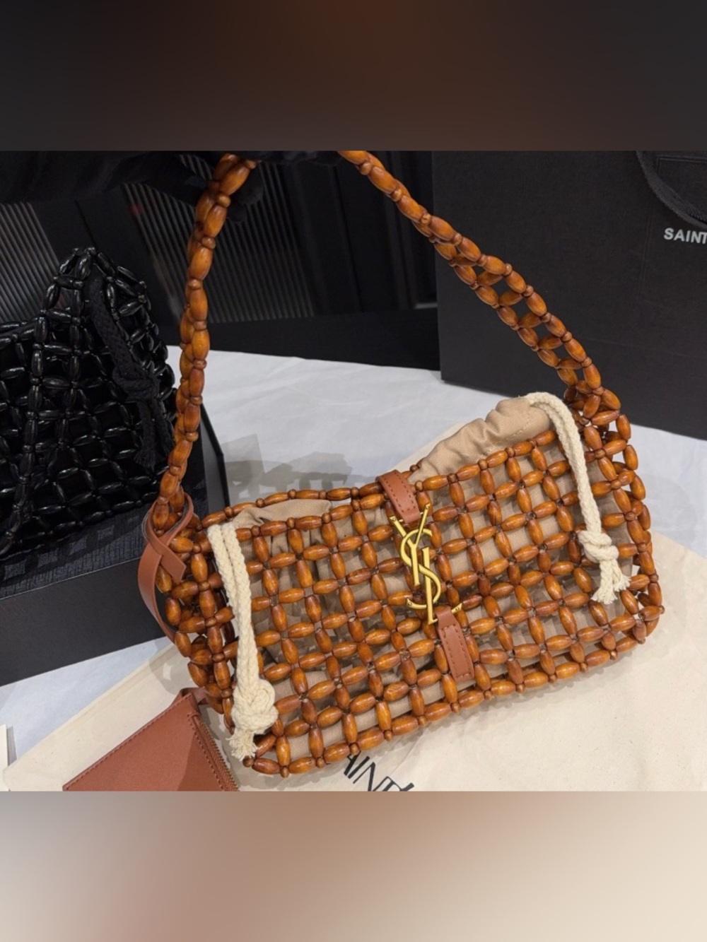 Saint Laurent Tan Beaded Shoulder Bag with Gold YSL Accent